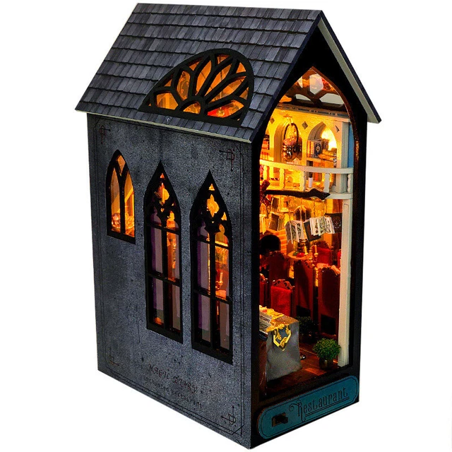 Gpoty DIY Book Nook Kit With LED Light,Dollhouse Booknook Bookshelf,10x8.3x8"3D Wooden Puzzle Bookshelf Insert Decor DIY Miniature Dollhouse Model Kit Decorative Bookend Building