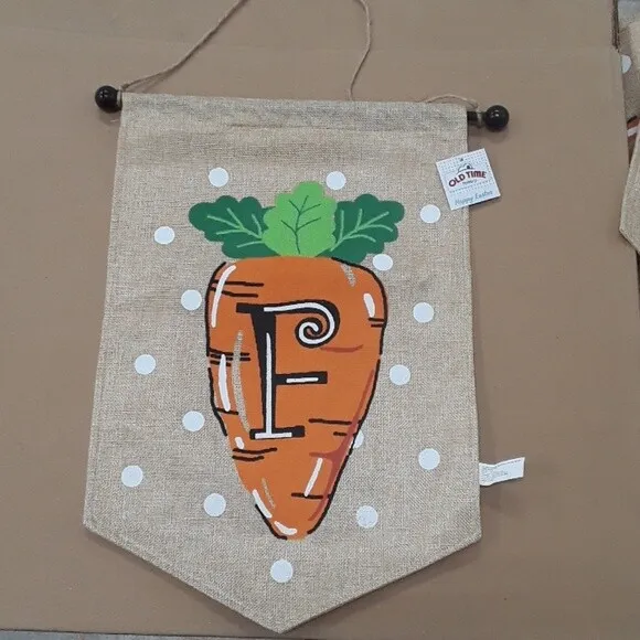 Spring Easter "F" Monogram Carrot Burlap House Flag with Pole NEW