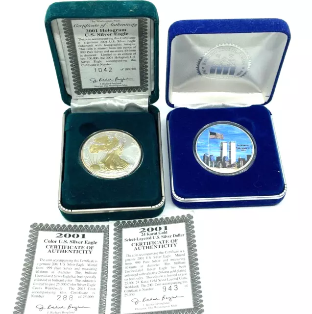 2001 Silver Eagle 999 Pure 24k Plating, 2001 9/11 Twin Towers 999 Fine Memorial