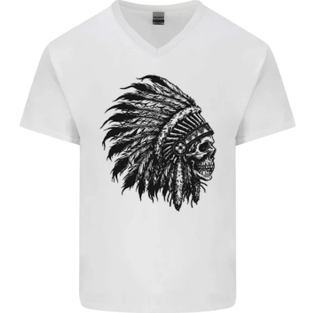 Indian Skull Headdress Biker Motorbike Mens V-Neck Cotton T-Shirt