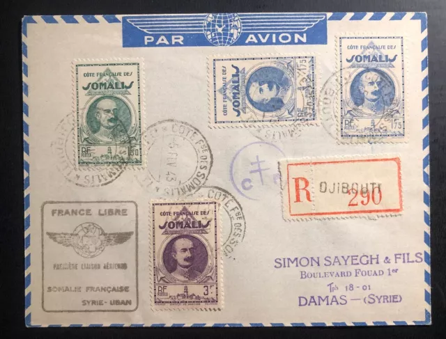 1943 Djibouti French Somali First Flight Airmail Cover FFC To Damasco