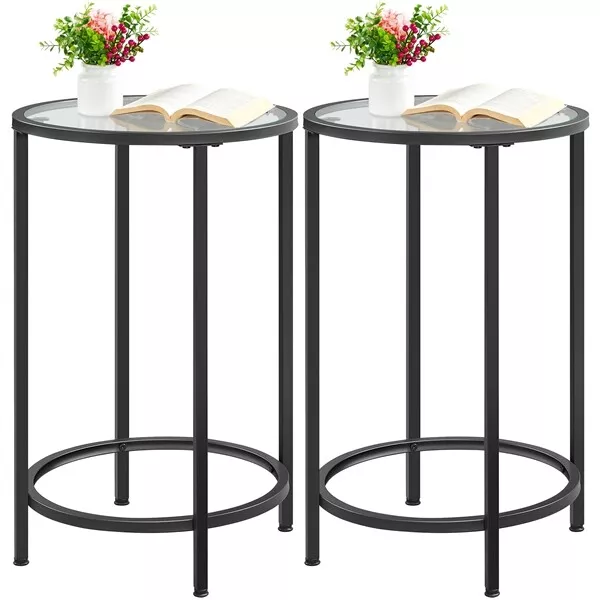 Round End Side Table Strong Nightstands Set of 2 w/ Glass Top & Metal Frame Legs