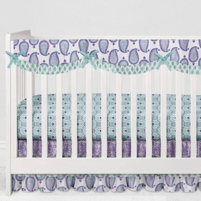 Long/Small Crib Rail Guard Covers Cotton Paisley Isabella Lilac/Purple/Aqua