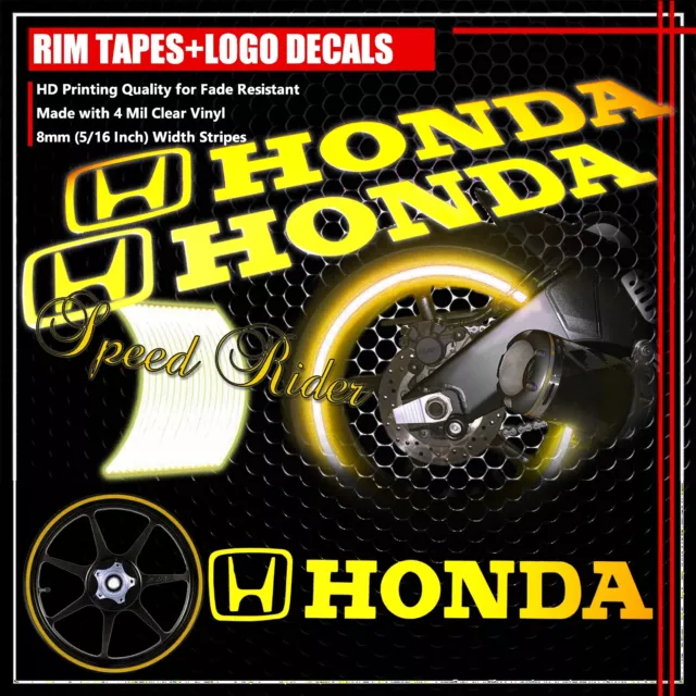 Yellow Reflective Rim Tape Car Bike Wheel Stripe+Honda Logo+Letter Decal 16-18