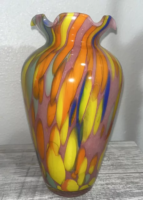 Vintage Handblown Murano Multicolor Art Glass Vase with Ruffled Edge 12inch