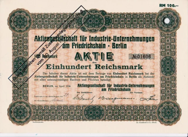 Aktie AG Industrie - Unternehmungen am Friedrichshain Berlin 100 RM 1930