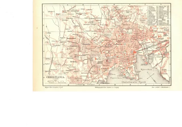 Christiania, Norwegen, alter historischer Stadtplan, Lithographie um 1900 (K62)