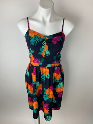 Gap Navy Blue Orange Pink Tropical Floral Sun Dress Fit Flare 4