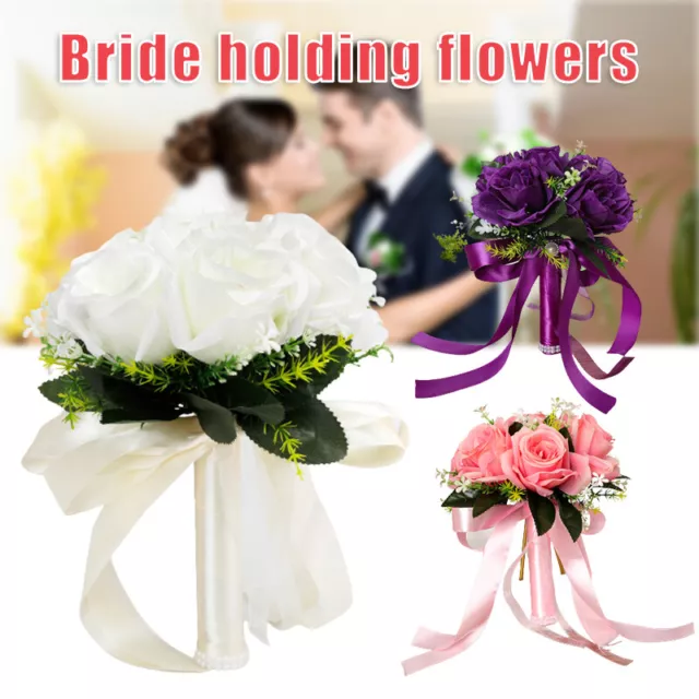 Wedding Bouquet Bride Bridesmaid Silk Ribbon Artificial Roses Holding Flowers
