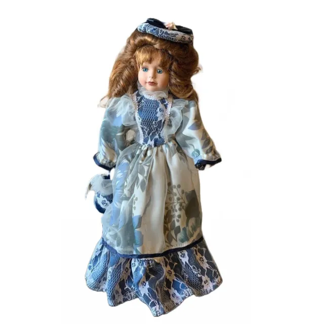 Beautiful Vintage Porcelain Doll Dressed in Blue & White Lace Attire 16"