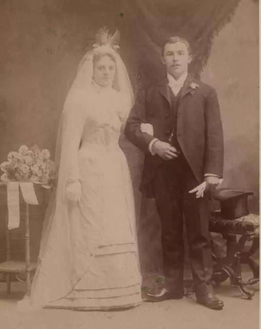 Bride Groom Wedding Dress Veil Bouquet Top Hat Brooklyn NY Antique Cabinet Photo