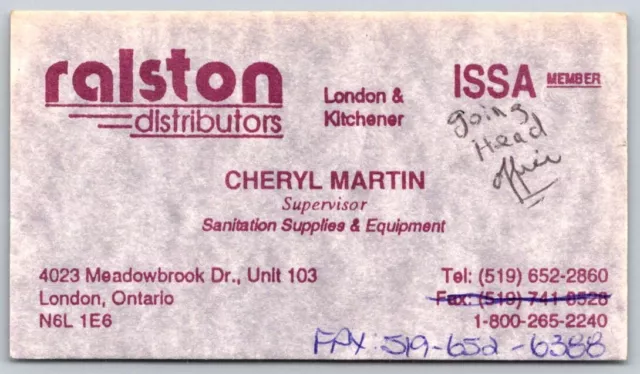 Business Card London ON Ralston Distributors ISSA Cheryl Martin