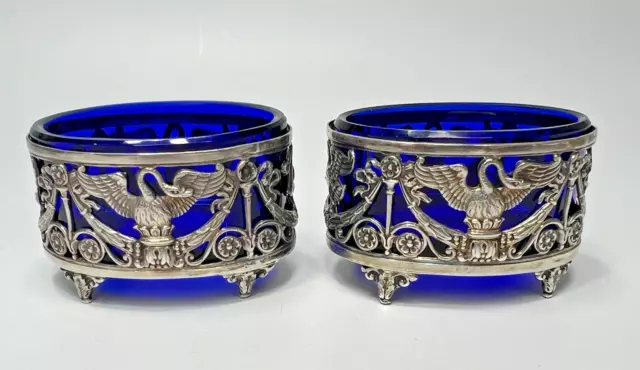 Antique French Sterling Silver Pair Cellars Open Salt Bowls Cobalt Blue Glass