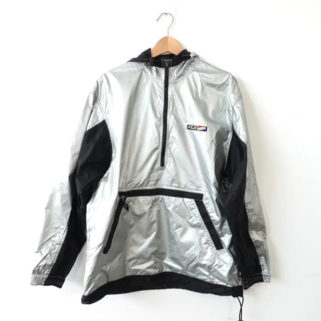 VINTAGE FILA Windbreaker Jacket Medium Silver Hooded Reflective Track Foil 90s