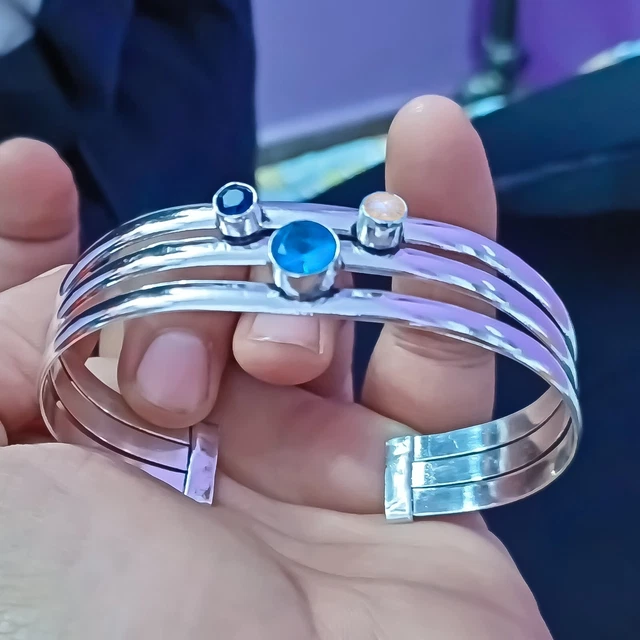 Bracelet Manchette Argent 925 Avec Topaze Bleue - Fait Main En Inde - Neuf