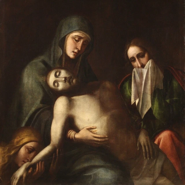 Deposicion Lamentacion sobre el Cristo muerto Pintura oleo religiosa antigua