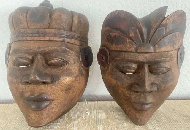 Pair Of Balinese 20th C. Antique Hand-Carved Wooden Face masks