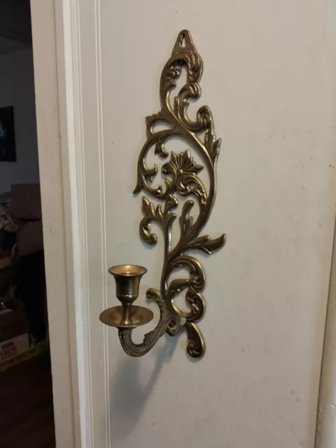 Vintage Ornate Brass Candlestick Candle Holder Wall Mount 14 Inches