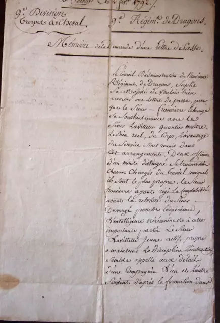1792 Memoire sujet d'une lettre de passe de l'officier Franciere du  9e Dragons