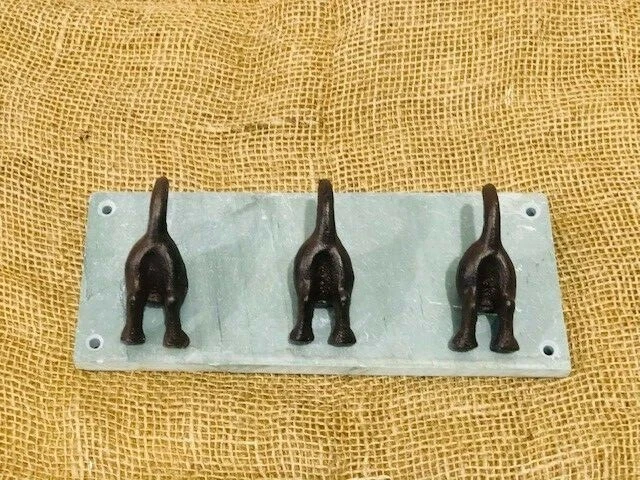 3 Cast Iron Dog Butt Tail Hooks Pet Leash Coat Hat Hook Rack Wall Mount Rustic