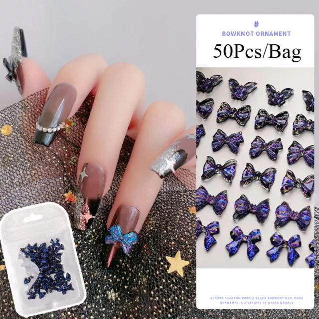 50 piezas Arte Mixto de Uñas 3D Aurora Phantom Violeta Bucle Oscuro C8