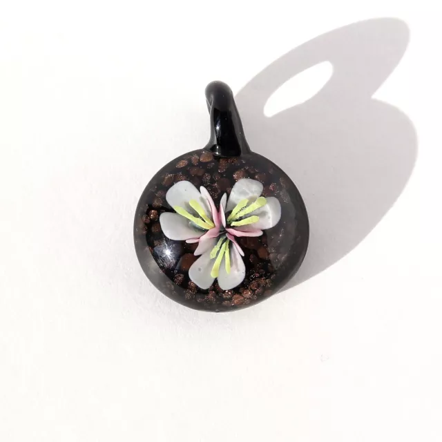 Handmade Murano Lampwork Glass Floral Necklace Pendant Black Glittery