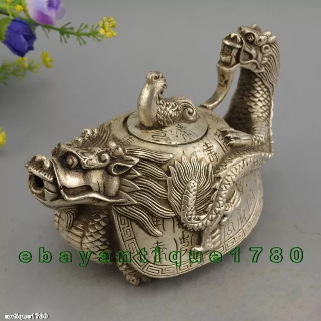 Collectables! Dynasty Decorated Old Tibet Silver Carved Dragon Tortoise Tea Pot 2