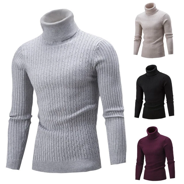 Uomo Basic Maglione Manica Lunga Pullover collo Alto Dolcevita Stretch Slim Top