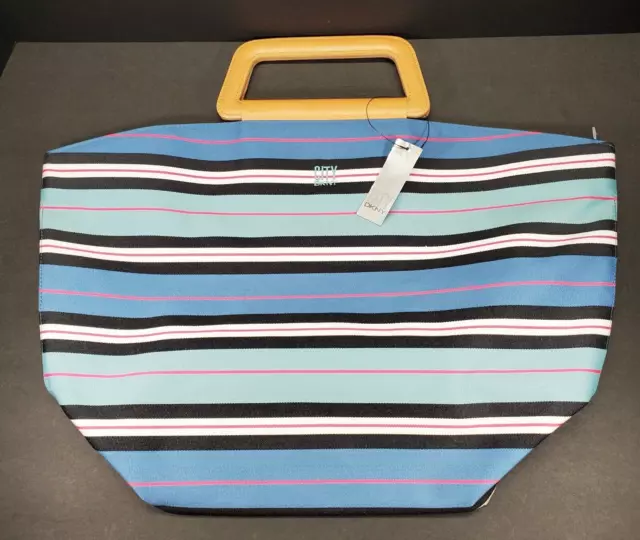 DKNY City Pacific Multi Colored Striped Shopper Beach Handbag Purse Leather NWT