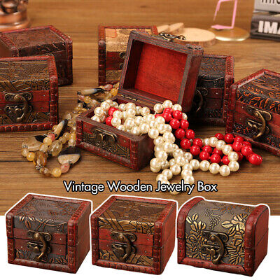 Retro Small Wooden Storage Case Lock Jewelry Necklace Bracelet Gift Case Box