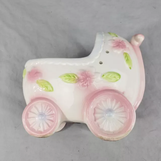 Vintage Japan Baby Buggy Nursery Planter With Pink Flowers & Ribbon Holes 3
