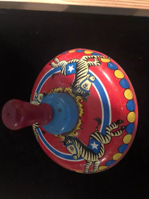 Antique Toy Tin Top With Red Wood Handle - Very Good Condition