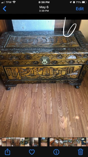Vintage Chinese Lacquered Camphor Hand Carved Chest Trunk