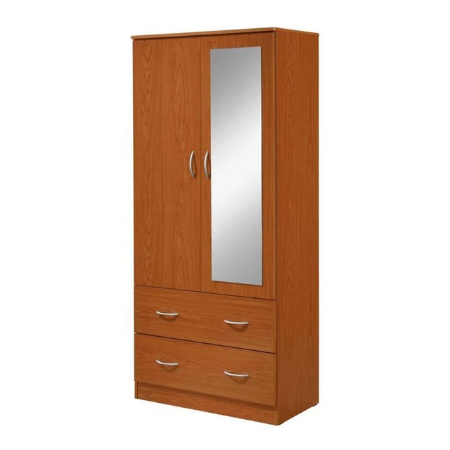 Hodedah 2 Door Armoire with 2 Drawers Clothing Rod and Mirror in Cherry Wood