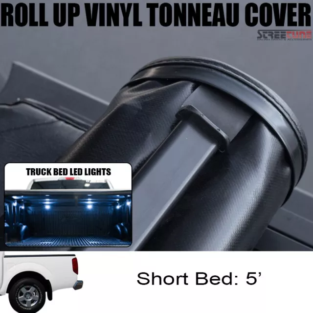 For 05-21 Frontier 5 Ft Truck Bed Lock & Roll-Up Tonneau Cover+White Led Lights