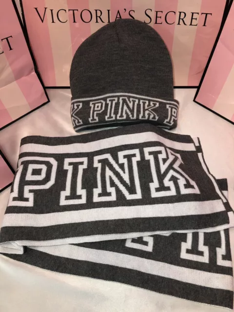 Victorias Secret PINK Hat & Scarf Set Gray & White ❤️