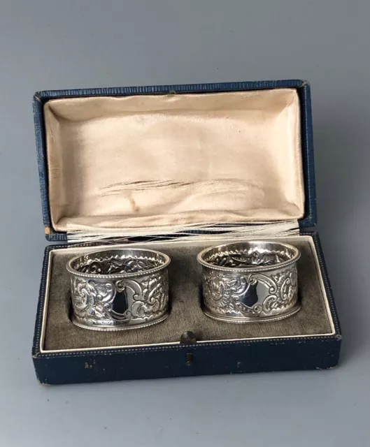 Edwardian Boxed Chased Solid Silver Napkin Rings JCP Birmingham 1905 FLZX