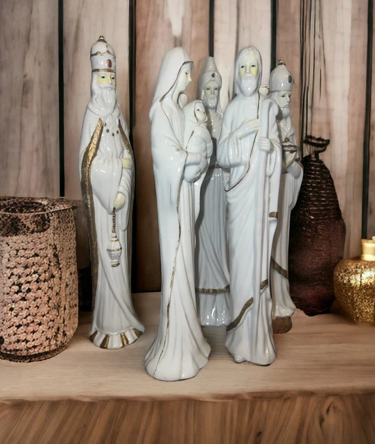 NATIVITY FIGURINES MARY Jesus Joseph Three Wise Men 10" Tall Thin White ...