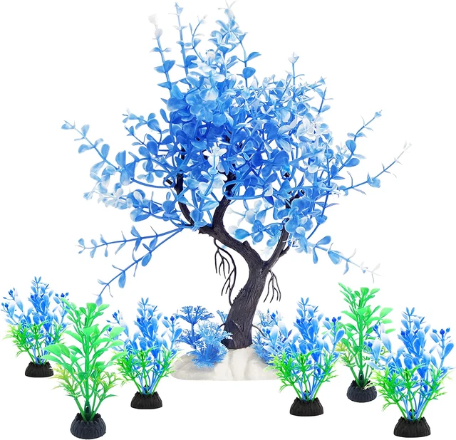 Aquarium Fish Tank Decor Blue Plastic Tree with 6 Pack Small Artificial Aquarium