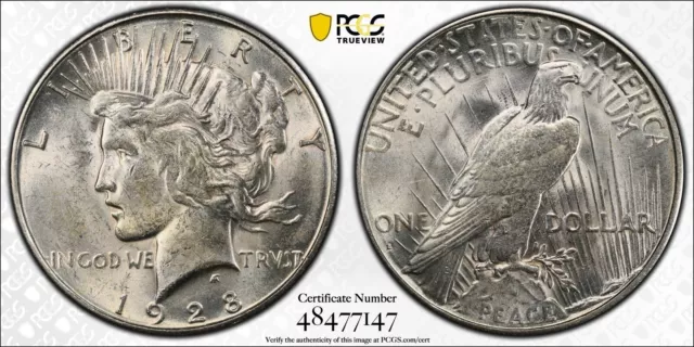 1928-S Peace Silver $1 Dollar PCGS MS 61 Key Date 3