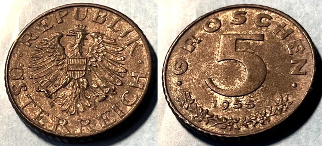 Austria 1955 5 Groschen KM-2875 Zinc aUNC #8 US Seller