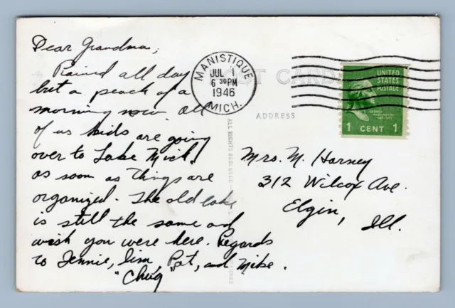 Manistique Michigan MI Harbor East Breakwater Light House RPPC Postcard 1946 vtg 3