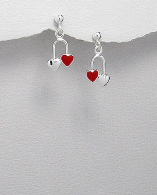 Super Cute Childrens Red Enamel Double Heart 925 Sterling Silver Earrings