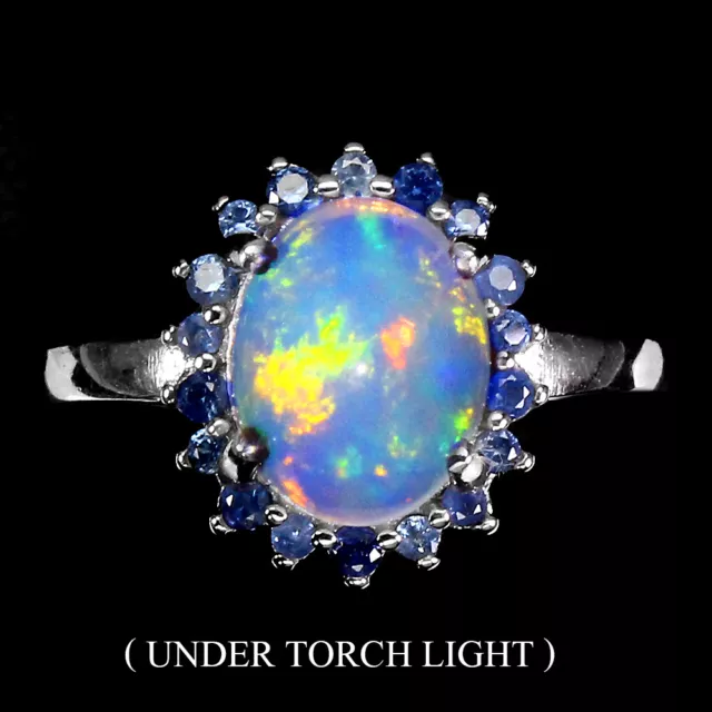 Oval Fire Opal 9x7mm Blue Sapphire Diamond Cut 925 Sterling Silver Ring Size 6