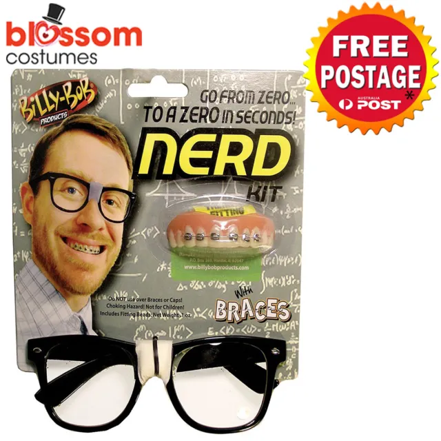 AS237 Billy Bob Nerd Costume Glasses Braces Geek School Boy 50s Accessories Kit