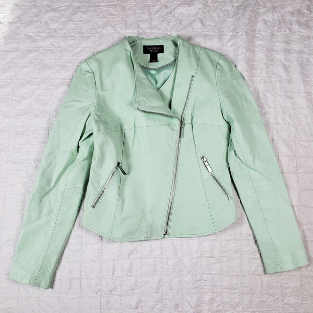 Victoria's Secret Green Leather Jacket Womens SMALL High Low Zip Moto Motorcycle