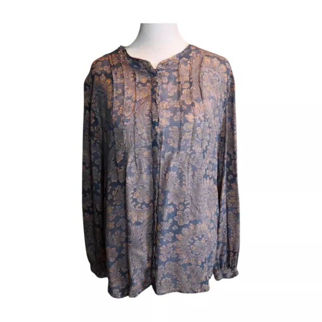 Lucky Brand Top Womens Large Blue Floral Paisley Button Up Shirt Bohemian Boho