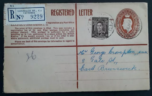 Rare 1949 Australia 5 1/2d Brown Pre printed KGV1 Registered Letter Lonsdale St