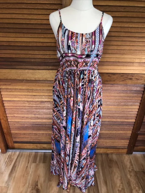 Jaase Dress Size M Womens Boho Multicoloured Tribal Strappy Drawstring Maxi VGC