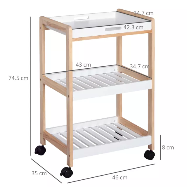 HOMCOM Mobile Serving Trolley Kitchen Cart Pine Wood Rolling Wheels White 3